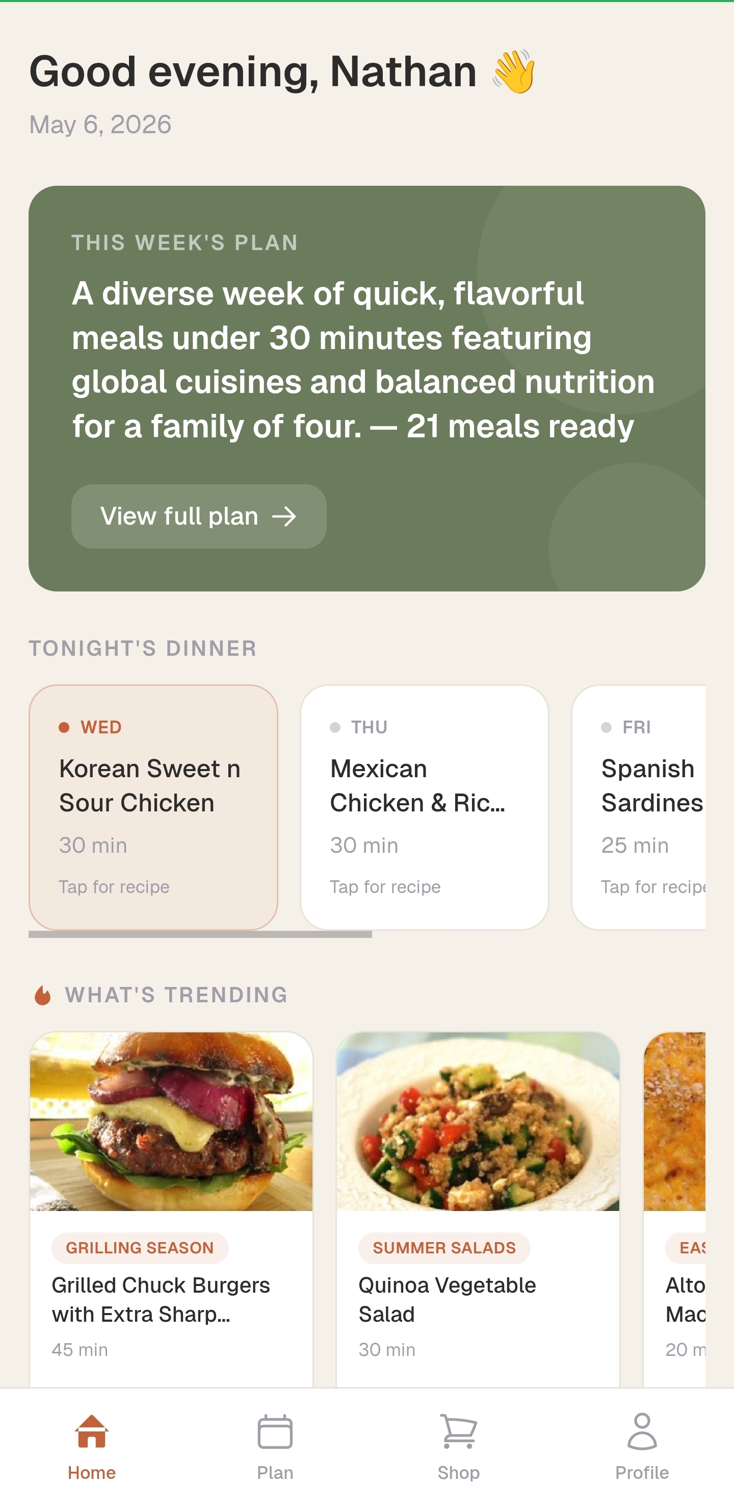 Mealwise app showing a weekly meal plan with breakfast, lunch, and dinner for each day